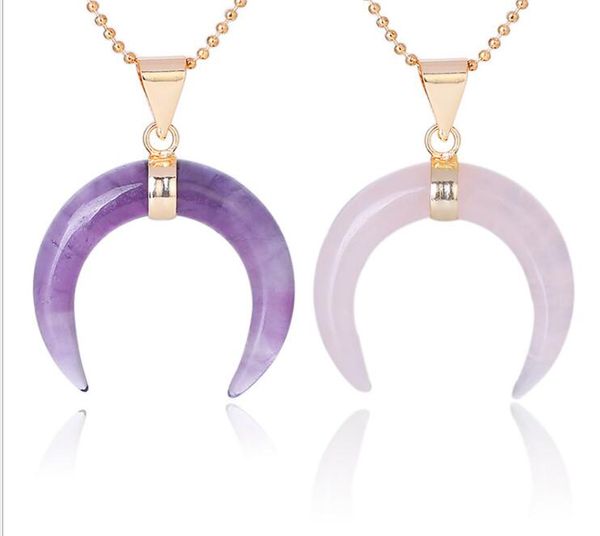

natural stones crescent moon necklaces pendants purple crystal pink quartz white stone gold color reiki women jewelry, Silver