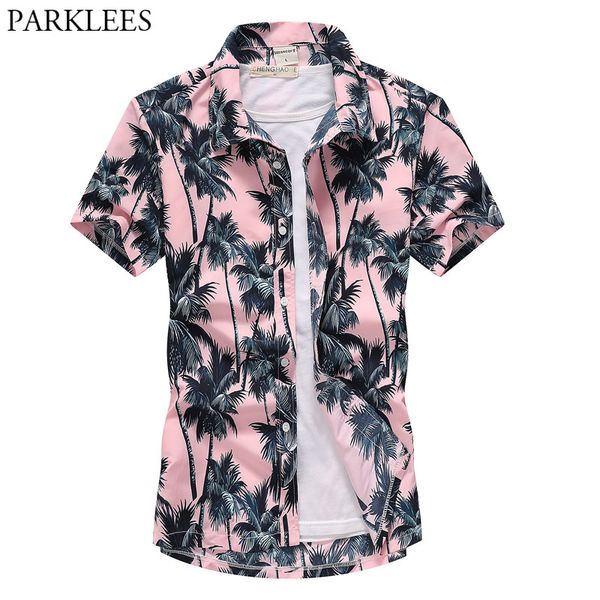 

pink hawaiian beach short sleeve shirt men 2019 summer fashion palm tree print tropical aloha shirts mens party holiday chemise, White;black