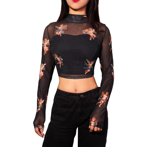 

women's long sleeve round neck printed mesh perspective t-shirt fashion women casual printed long sleeve mesh tee #0715, White