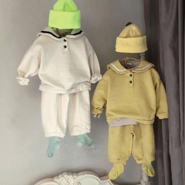 

осень-весна корейский стиль дети матрос воротник хлопок одежда наборы милые мальчики девочки полный рукав футболка + брюки 2 шт. костюмы t20, White