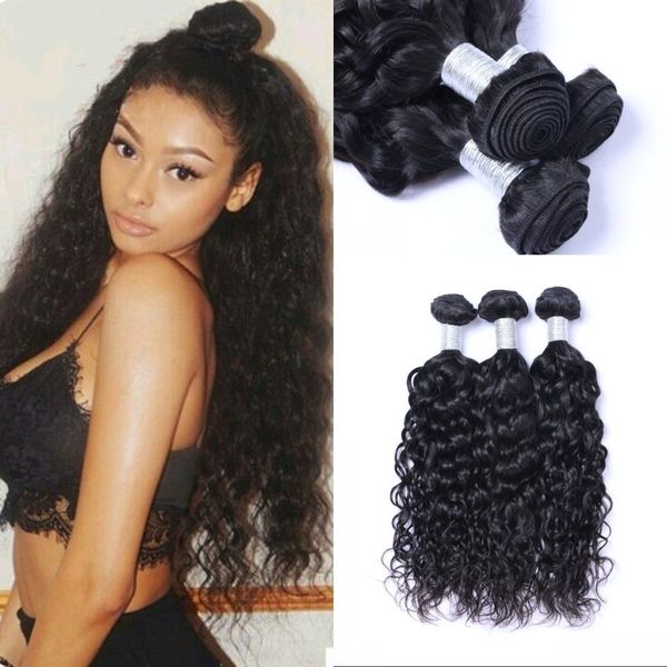 

peruvian human hair water wave unprocessed virgin hair extension 3 bundles weaves 8-26 inch double weft, Black
