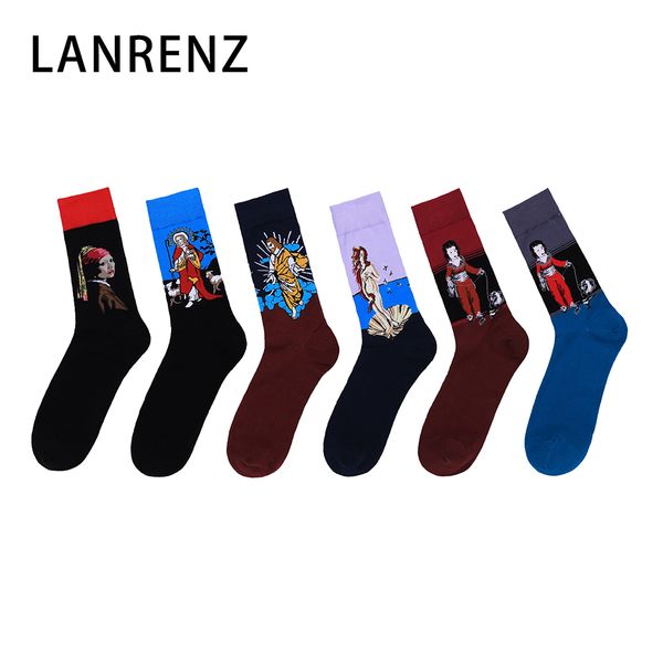 

lanrenz 5 pairs the latest men and women crazy oil painting happy socks funny creative street cotton tube socks, Black