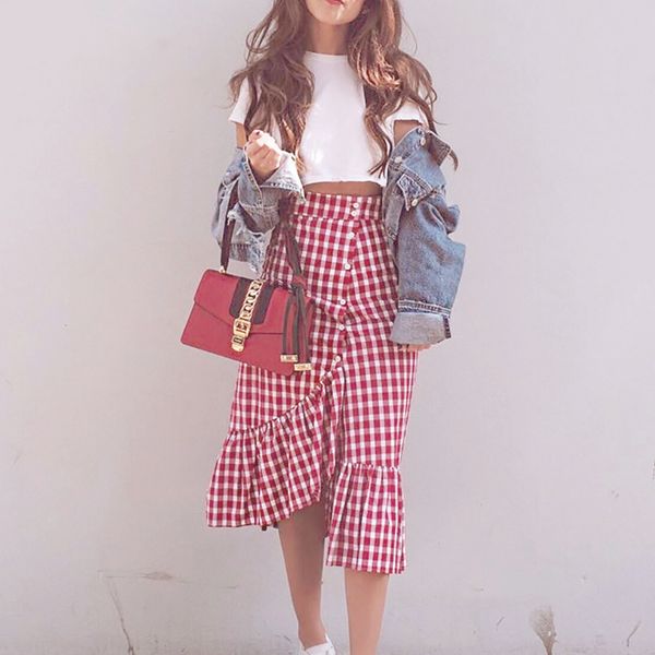 

women plaid casual ruffled female button party slit vintage high waist mid-calf fashion ladies skirts, Black