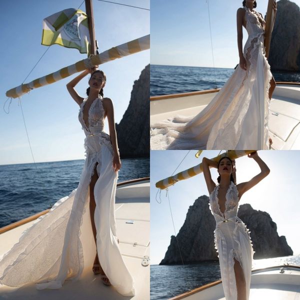 

inbal dror mermaid wedding dresses lace deep v neck sleeveless bridal gowns front split sweep train wedding dresses vestidos de novia, White