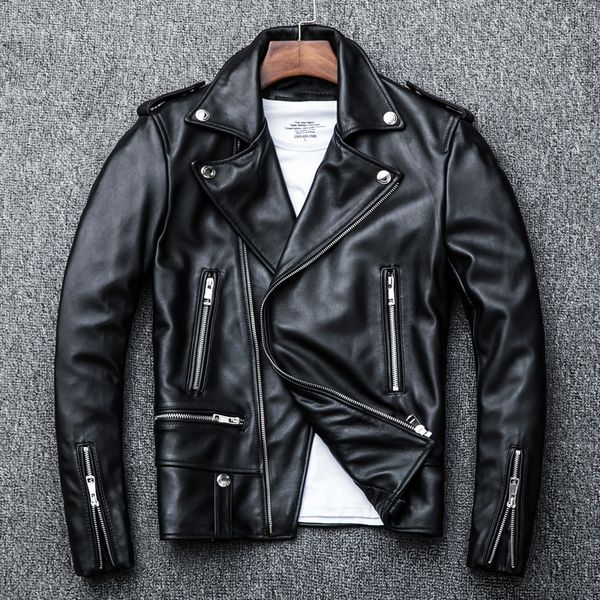 

the locomotive tide male sheep skin leather head layer leather garment jacket lapel fashionable young men's coat, Black