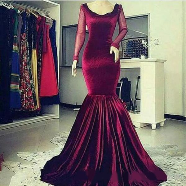 

burgundy velvet mermaid prom dresses scoop neck long sleeves long evening gowns pageant special occasion dress formal dress wear, Black;red