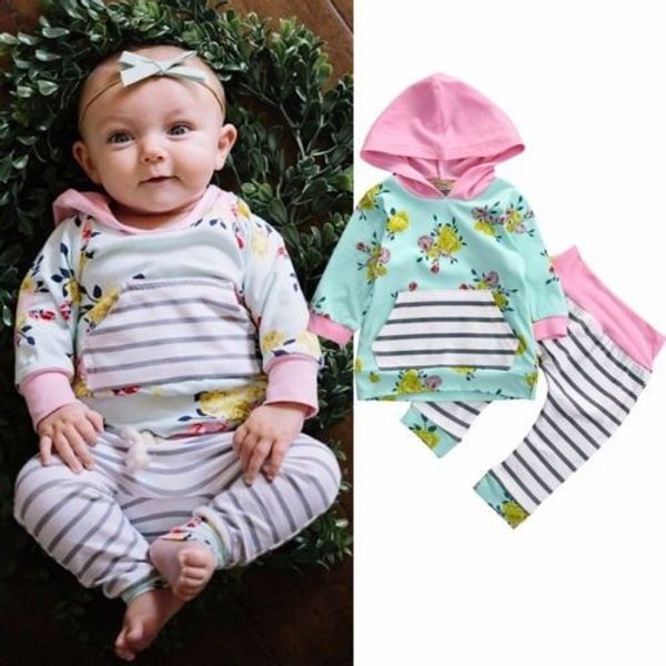 

cute baby girl hooded t-shirts infant floral toddler striped pants fashion kids autumn 2pcs outfits baby clothing set