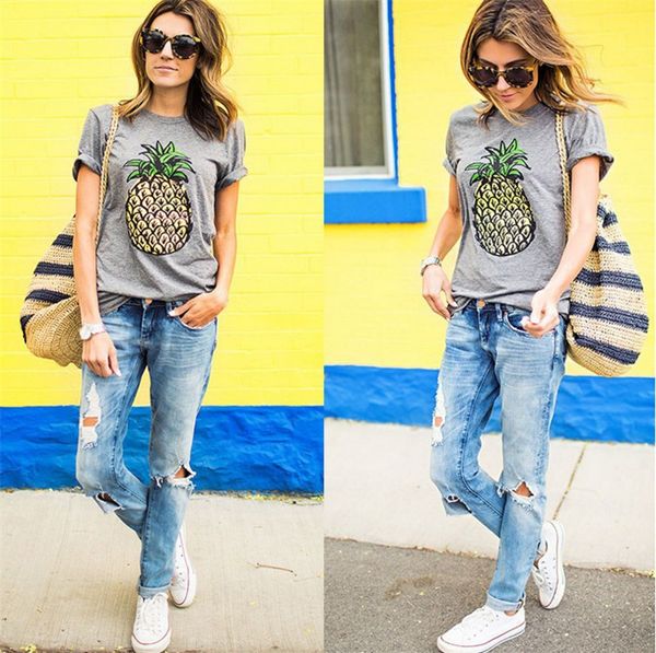 

women shirts tees casual t shirt for women short sleeve polyester pineapple print crew neck fashion street wear summer base shirt, White
