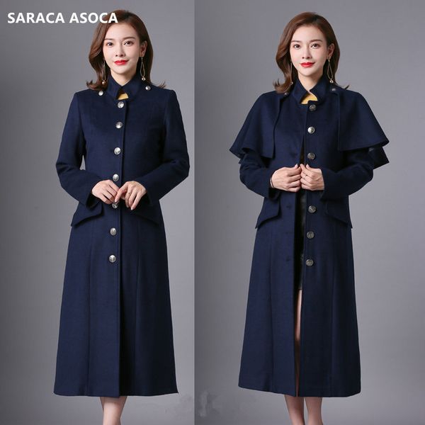 

autumn winter mandarin collar slim long overcoat women single breasted removable cloak outerwear office lady, Black