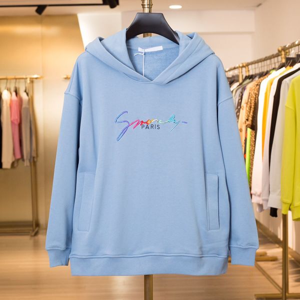 

19ss blue hoodie rainbow gradual logo embroidery hooded sweatshirt fashion hoodies men women casual coat, Black