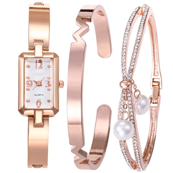 

fashion rhinestone steel strip watch set for women rose gold zinc alloy bracelet watch set jewelry and watches dropshipping, Slivery;brown
