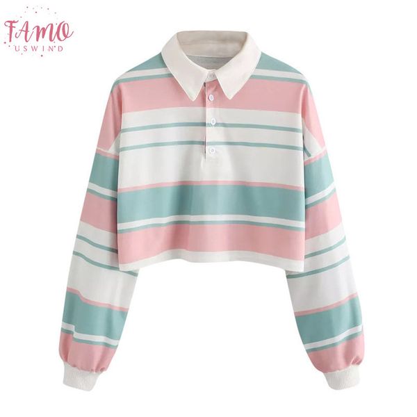 

autumn 2020 sweatshirts women crop striped long sleeve turn down collar and blouses harajuku kawaii sweatshirts, White