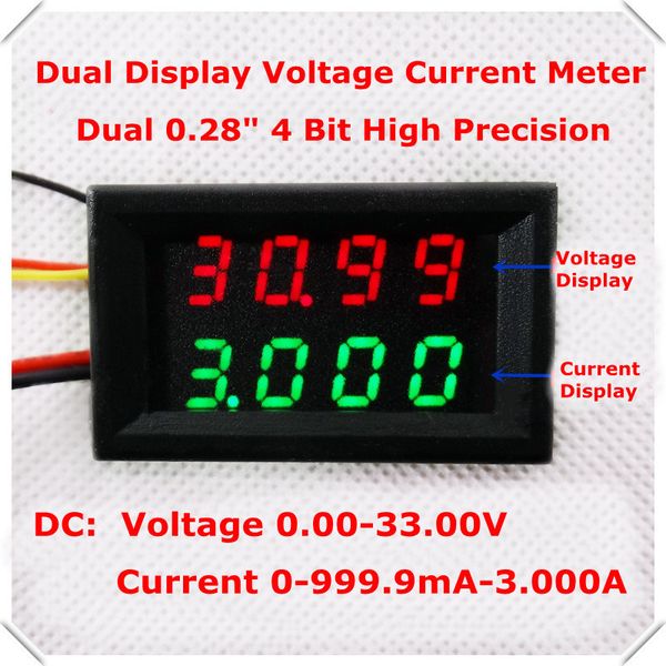 

rd dual led display 4 bit 0.28 digital ammeter voltmeter car voltage current meter dc 0-33.0v/1a/3a 5 wire [4pcs/lot
