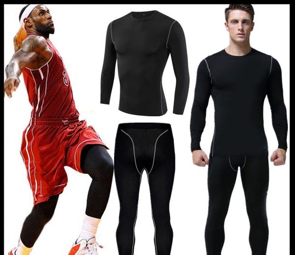 

fitness clothing men's suit sports long-sleeved tights fast-drying stretch basketball running training trousers sports tights, Black