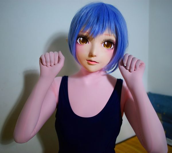 

new 28) handmade female silicone rubber face mask cosplay kigurumi mask crossdresser bjd doll kigurumi japan kig anime masks with wig, Black;red
