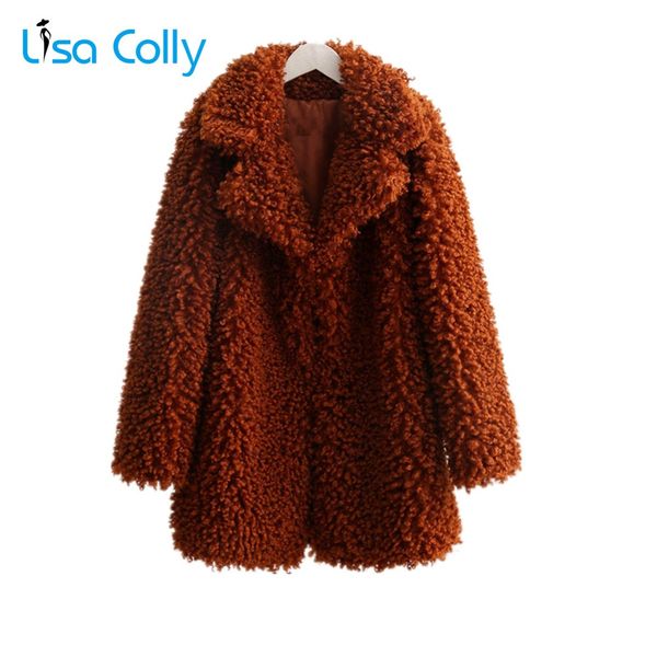 

lisa colly new women cotton coat lamb faux fur jacket coat women long furry furs overcoat winter warm fox fur outerwear, Black