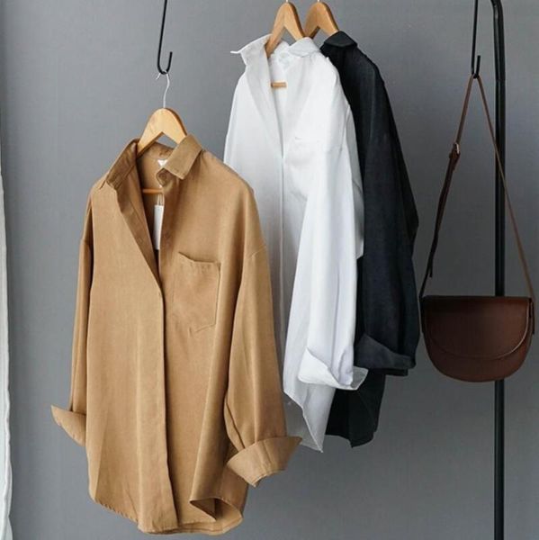 

2020 черный белый формальная рубашка женщины замша с длинным рукавом лаконичный стиль лацкан дамы блузка уличная плюс размер женская одежда, White