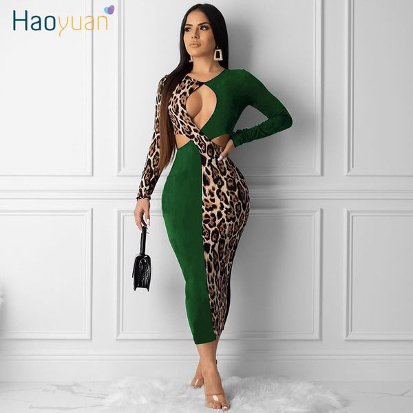 

haoyuan plus size leopard splice night club party dress women fall clothes long sleeve vintage dress bodycon midi dresses, Black;gray