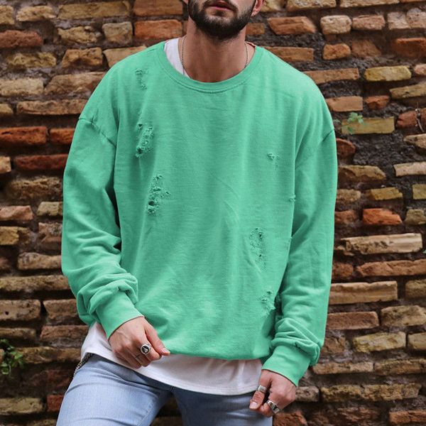 

thefound 2019 новая мода мужчины толстовка флис отверстие свитер топ пуловер круглый вырез джемперы работа футболка, White;black