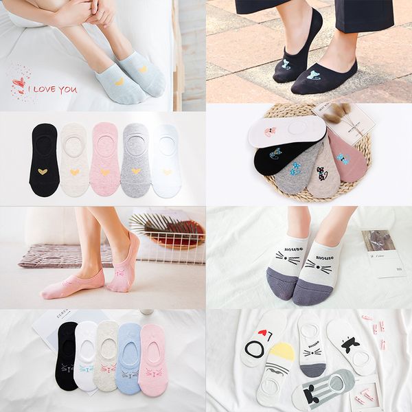 

30colors ladies spring summer 10pieces = 5 pairs cotton slipper socks gril cartoon sock slippers, women invisible socks, Black;white