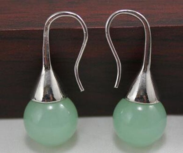 

12mm verde natural jade pendientes de gancho, Silver