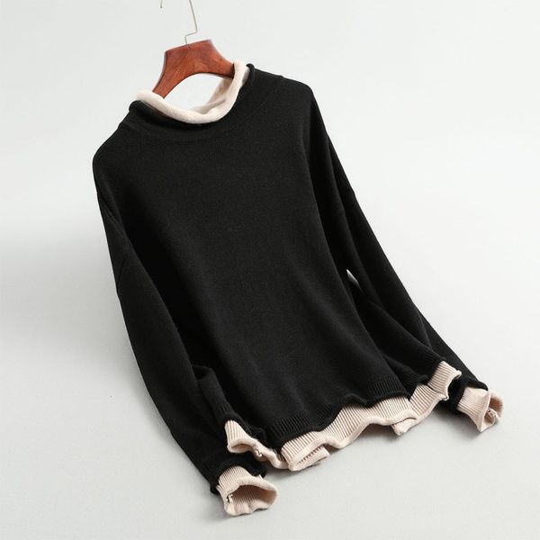 

autumn and winter women's sweater casual solid color high collar long sleeve fake two sweater, White;black