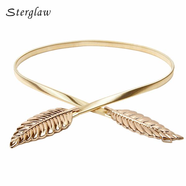 

vintage leaf clasp metal waist belt women front stretch riem 2020 skinny elastic cinturones mujer gold silver sterglaw j032, Black;brown