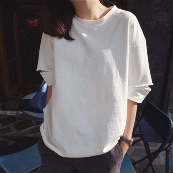 

lotte good fabric 2019 summer pure cotton white t-shirt women all-match round collar solid color