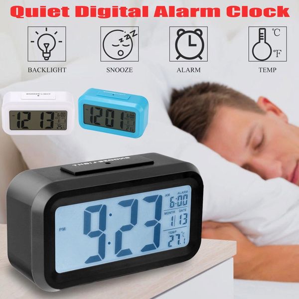 

lcd display digital alarm clock time snooze function electronic backlight sensor night light office table student kids clock