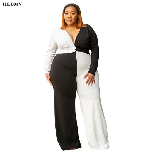 

hhdmv jly19021 pus-size customization casual style jumpsuits long sleeve deep v stitching color simple jumpsuits long pants, Black;white