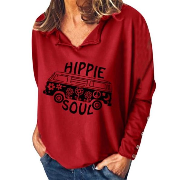 

hippie soul bus print fashion v образным вырезом одежда повседневная весна осень с длинным рукавом свитшот женская дизайнерская толстовка, Black