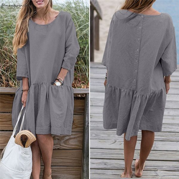 

spring summer dress casual loose women o neck 3 4 sleeve ruffle swing cotton solid color knee length dress, Black;gray