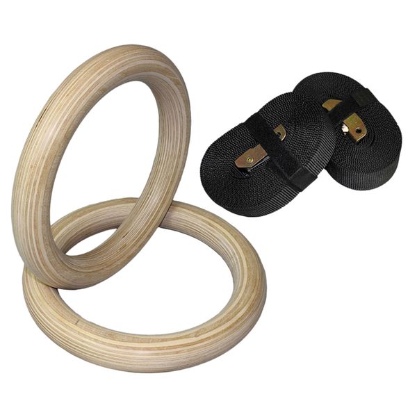 

2x wood gymnastic rings with adjustable straps heavy duty gym equipment