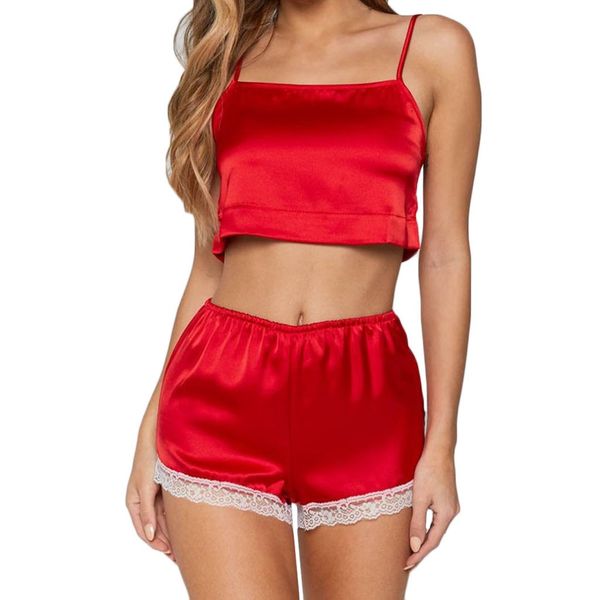 

2pcs fashion women lace stitching stain lingerie set pajamas camisole shorts sleepwear casual solid color home clothes for lady, Blue;gray