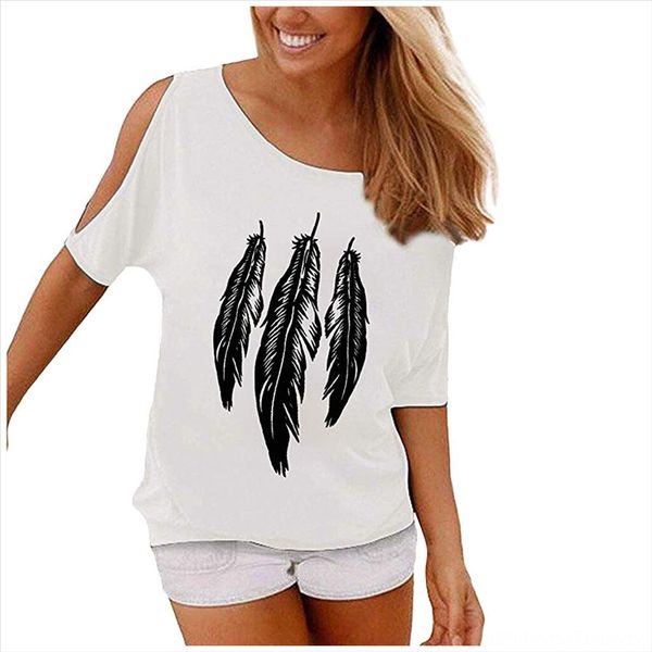 

2019 women's round collar short sleeve feather printed t-shirt female 2019 women's round collar short sleeve feather printed t-shi, White
