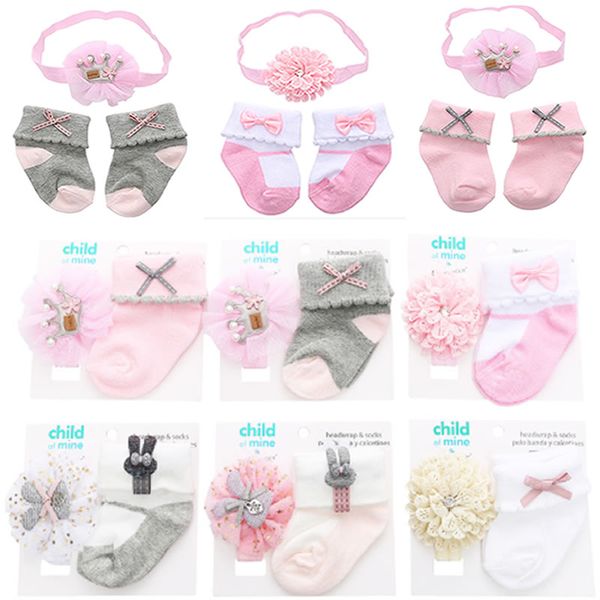 

socks hair band set flower bow cartoon floral cotton spandex newborn girls children sock baby ribbons 95(%) princess headband, Slivery;white
