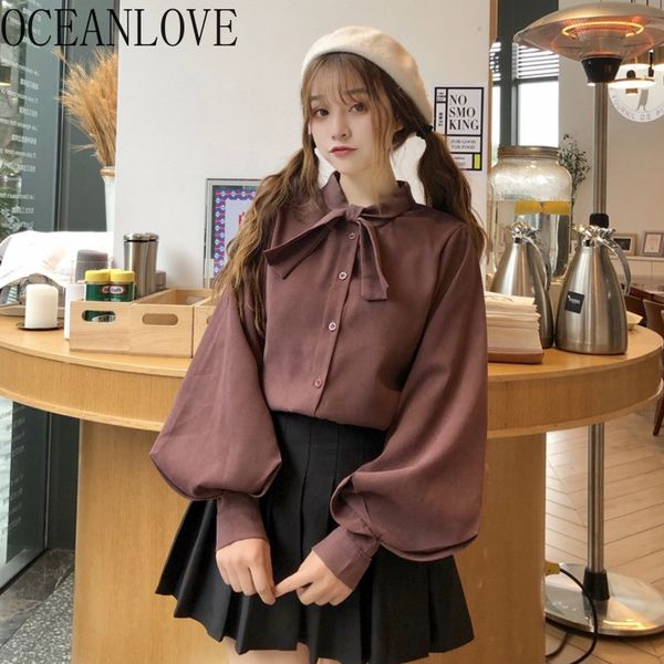 

women's blouses & shirts oceanlove 2021 women and sweet solid bow spring vintage lantern sleeve ropa mujer korean fashion 16024, White