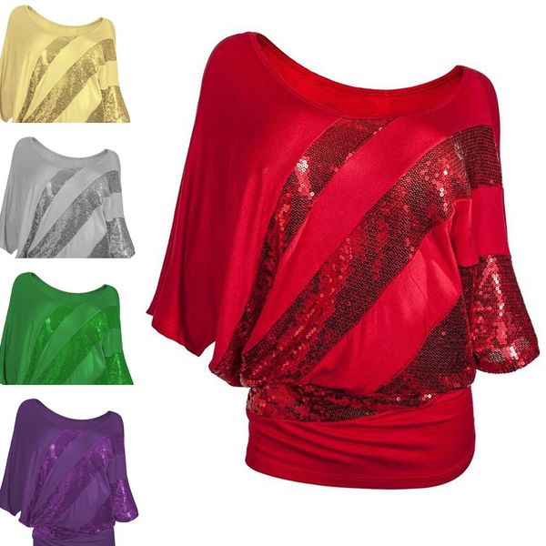 

plus size summer women sequin causel t-shirt polyester female t shirts in black blue green gray purple red yellow, White