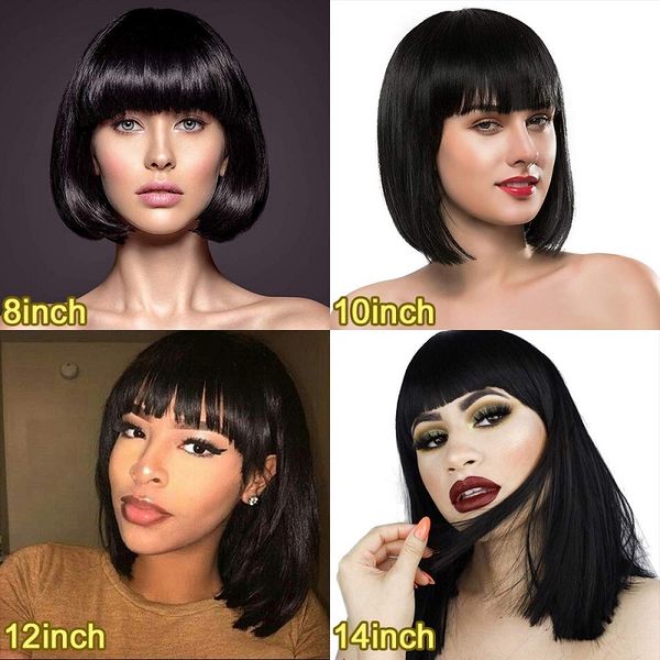 

short bob lace front wig with bang 13x6 lace front human hair wigs brazilian remy straight bob wig pre plucked for women fashion, Black;brown