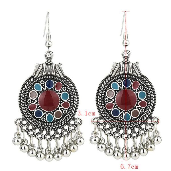 

retro ethnic style multi-element earrings european beautification oil disk small water droplets with metal ball earrings, Silver