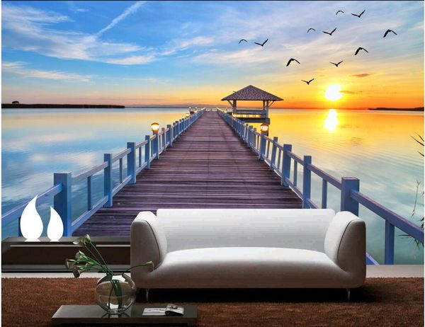 

wdbh custom p 3d wallpaper seaside wooden bridge seagull dusk seascape living room home decor 3d wall murals wallpaper for walls 3 d