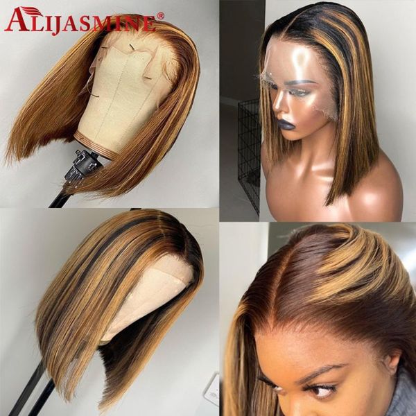 

lace wigs #4 27 highlight wig ombre brown honey blonde short bob 13x6 front human hair for women brazilian remy colored, Black;brown