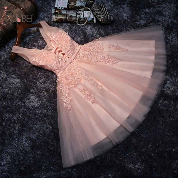 

2019 pink short prom dresses v neck sleeveless prom gown lace applique vestidos de gala, White;black