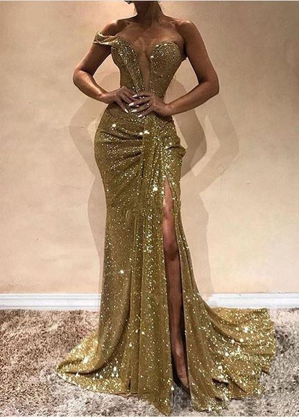 

New One Shoulder Plunging V Neck Prom Dresses Long Side Split Sequined Mermaid Evening Party Gowns African Party Dresses