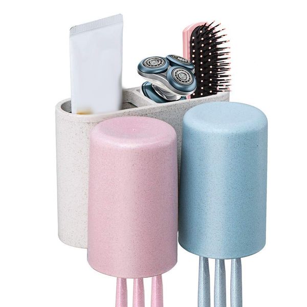 

self adhesive natural wheat straw cup hanger with toothbrush holder wall mounted organizer for rinse cup and toothpaste for ba