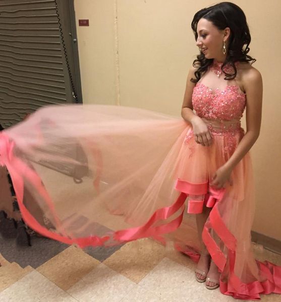 

2020 coral high low prom dresses halter beaded lace applique a-line illusion piping satin tulle tiered evening party gowns plus size, Black