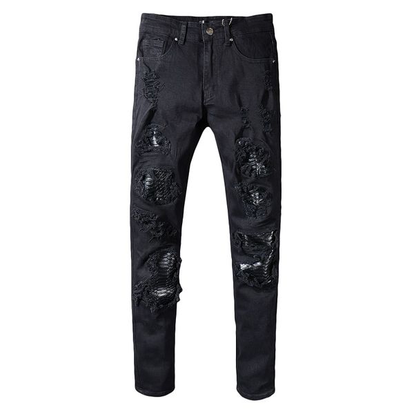 

2019 sexemara new italy style distressed men destroyed pants snake skin patches black skinny biker slim jeans pants #554, Blue