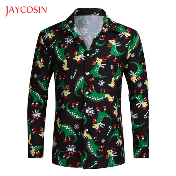 

joycosin men shirt 2019 christmas male clothes casual fashion christmas dinosaur print v-neck long sleeve men party dress shirt, White;black