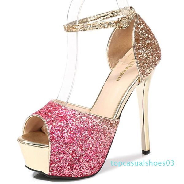 

sarairis bling platform girl casual sandals high heel sandals women peep toe ankle strap wedding fashion shoes woman t03, Black