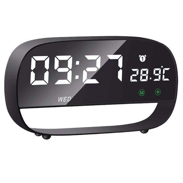

luda bedside clock, touch-based digital alarm clock 5-min snooze function, easy to set led mirror alarm clocks, classic black